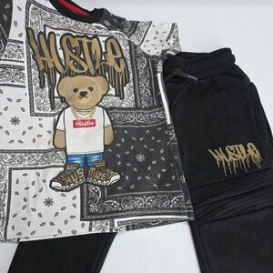 Prime Threads Boy 2pc Outfit Shirt Pant & Set Size 4 Black Gold Hustle Bear Logo